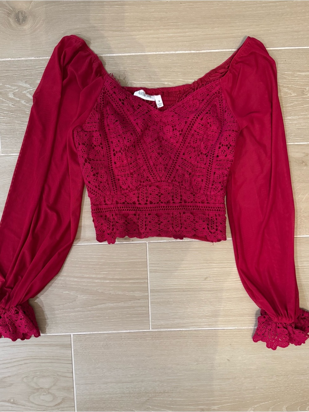 Red Lace Cropped Peasant Top - Women